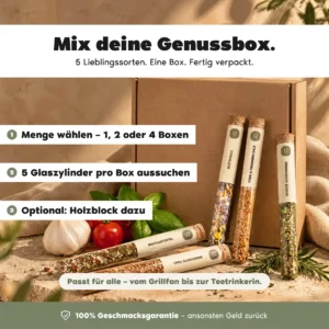 Gaumenheld Genussbox aus Karton mit fünf angelehnten Glaszylindern – so stellst du deine Box zusammen