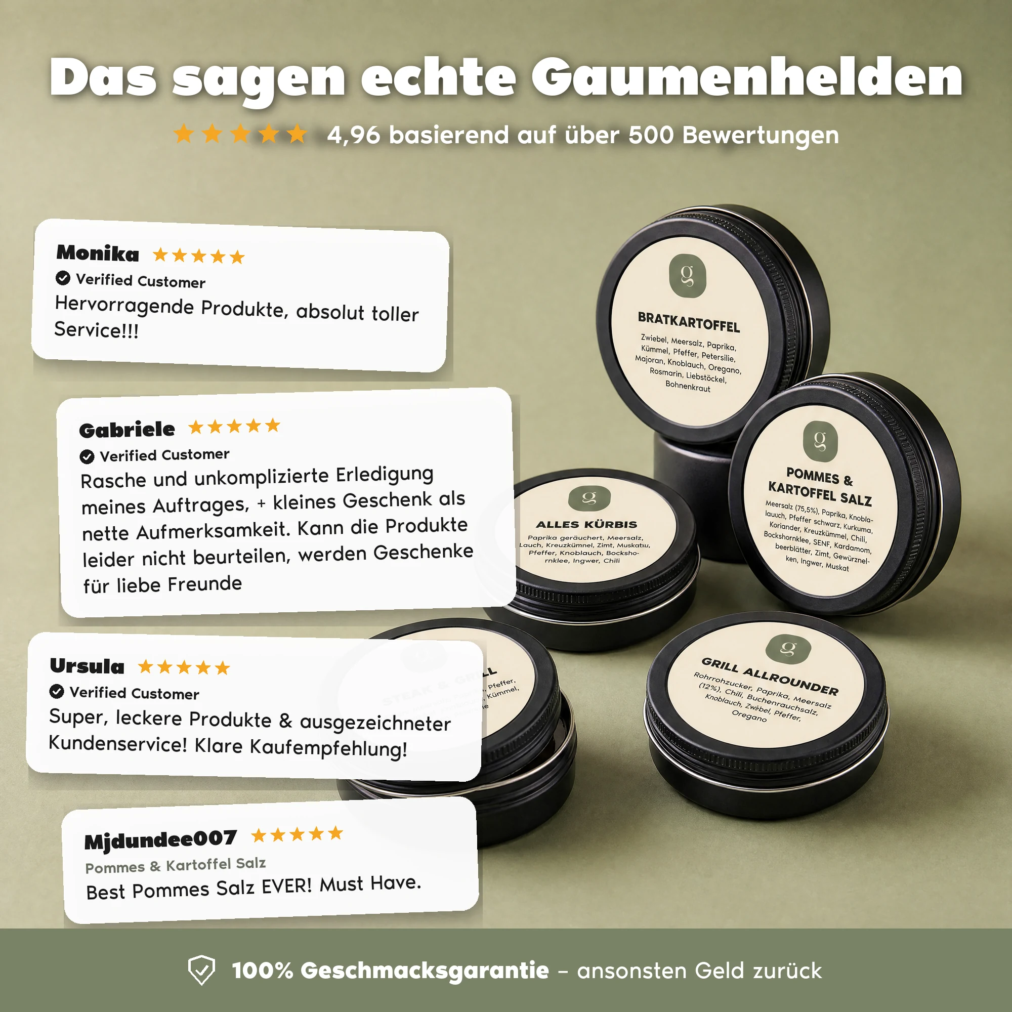 Kundenbewertungen zum Gaumenheld Probierset – 4,96 Sterne aus über 500 Bewertungen