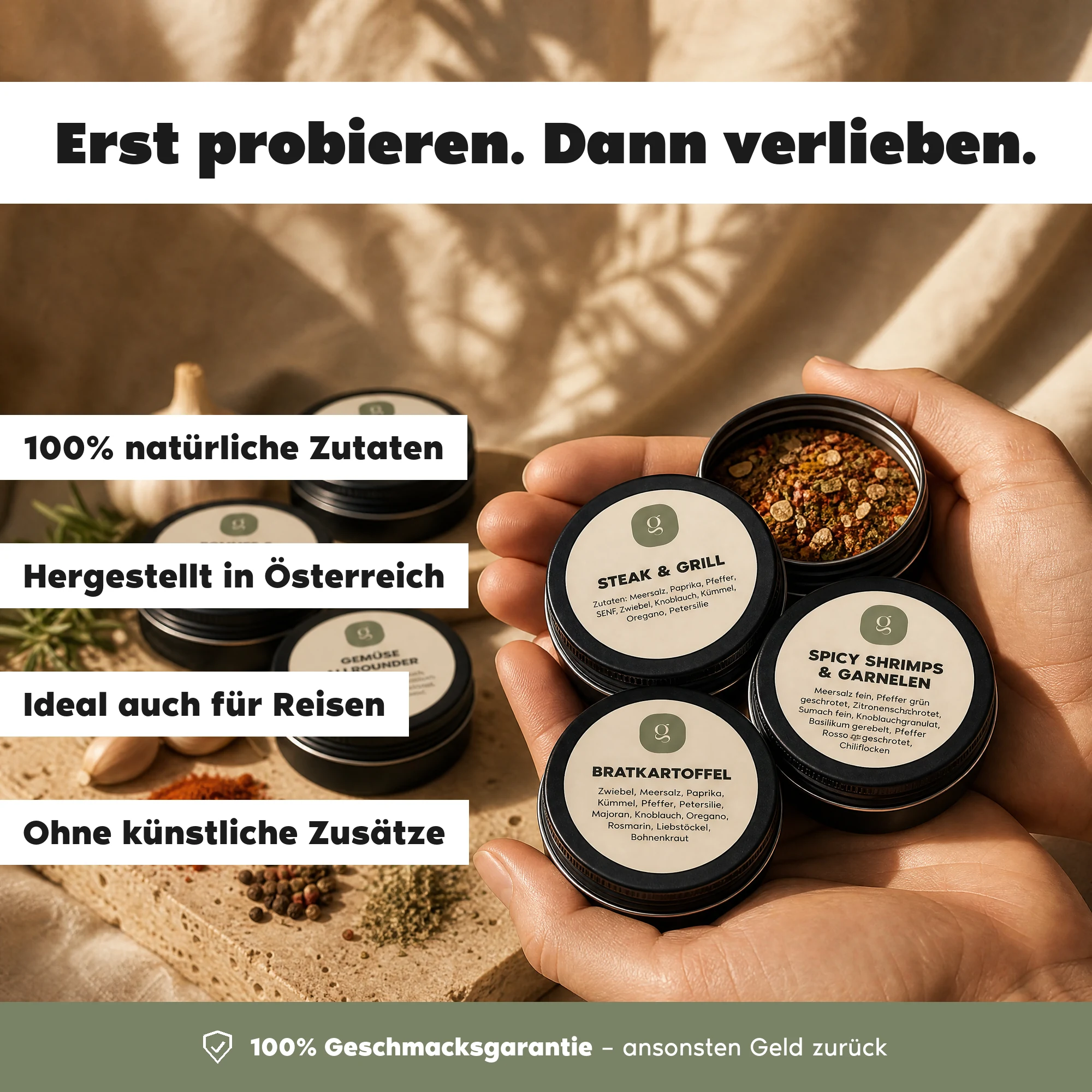 Gaumenheld Probierdosen in der Hand – natürliche Zutaten, hergestellt in Österreich, ideal für Reisen
